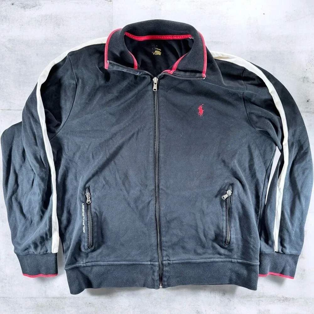 Polo Ralph Lauren Track Jacket Mens‎ Large Black Red White Full Zip 100% Cotton